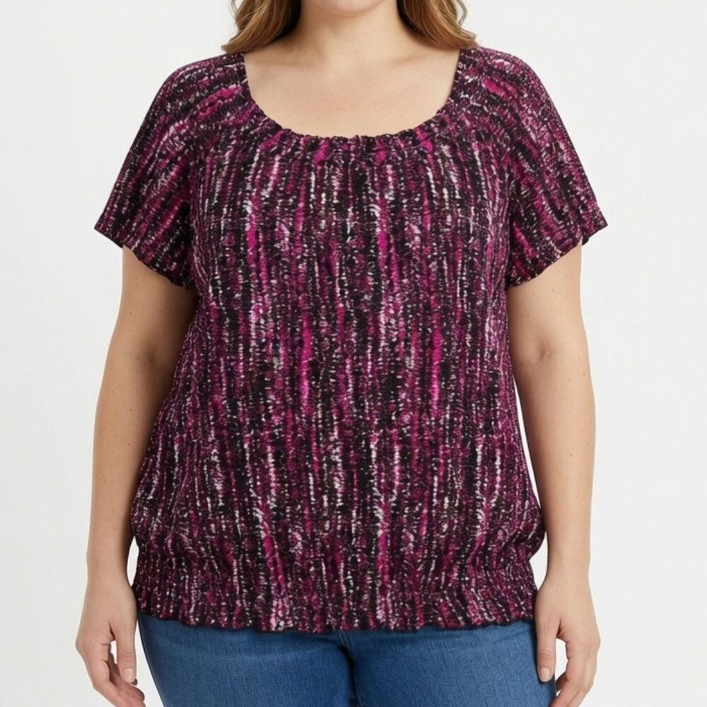 Worthington XL Short Sleeve Smocked Striped Blouse